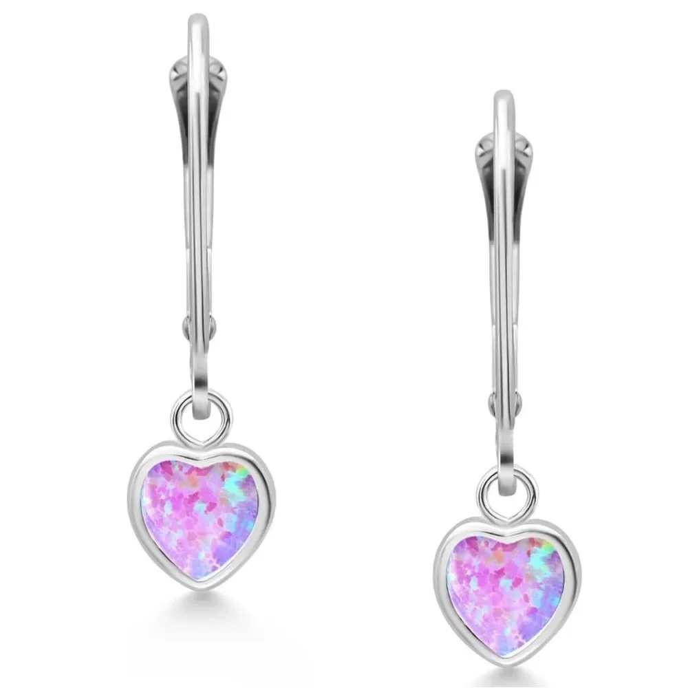 925 Sterling Silver 1.50 Cttw Fire Pink Opal Heart Leverback Drop Earrings